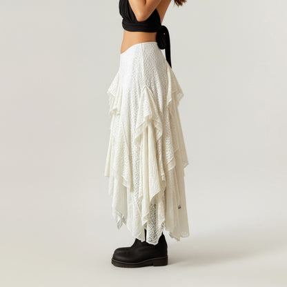 Anna-Kaci Women's Asymmetrical Layered Lace Maxi Skirt with Flowing Ruffle Drapes