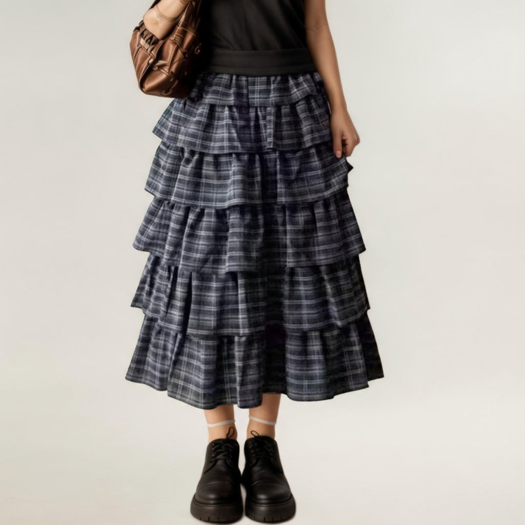 Anna-Kaci Women's Tiered Plaid Maxi Skirt with Ruffle Layers and Elastic Waistband