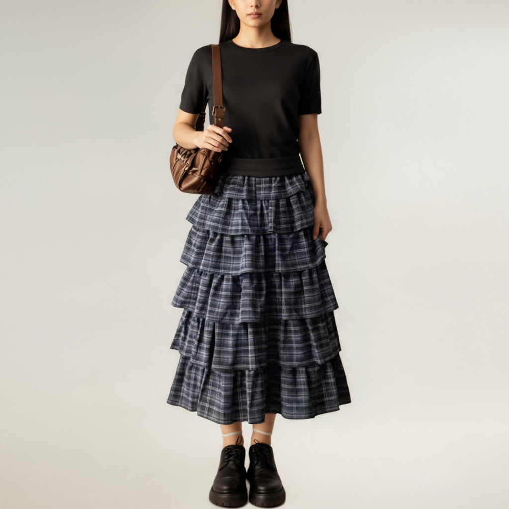 Anna-Kaci Women's Tiered Plaid Maxi Skirt with Ruffle Layers and Elastic Waistband