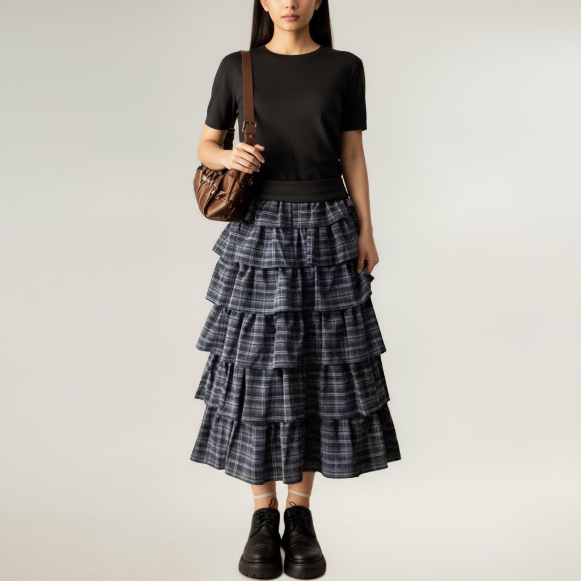 Anna-Kaci Women's Tiered Plaid Maxi Skirt with Ruffle Layers and Elastic Waistband