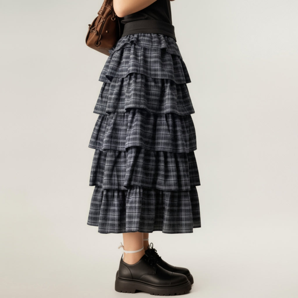 Anna-Kaci Women's Tiered Plaid Maxi Skirt with Ruffle Layers and Elastic Waistband