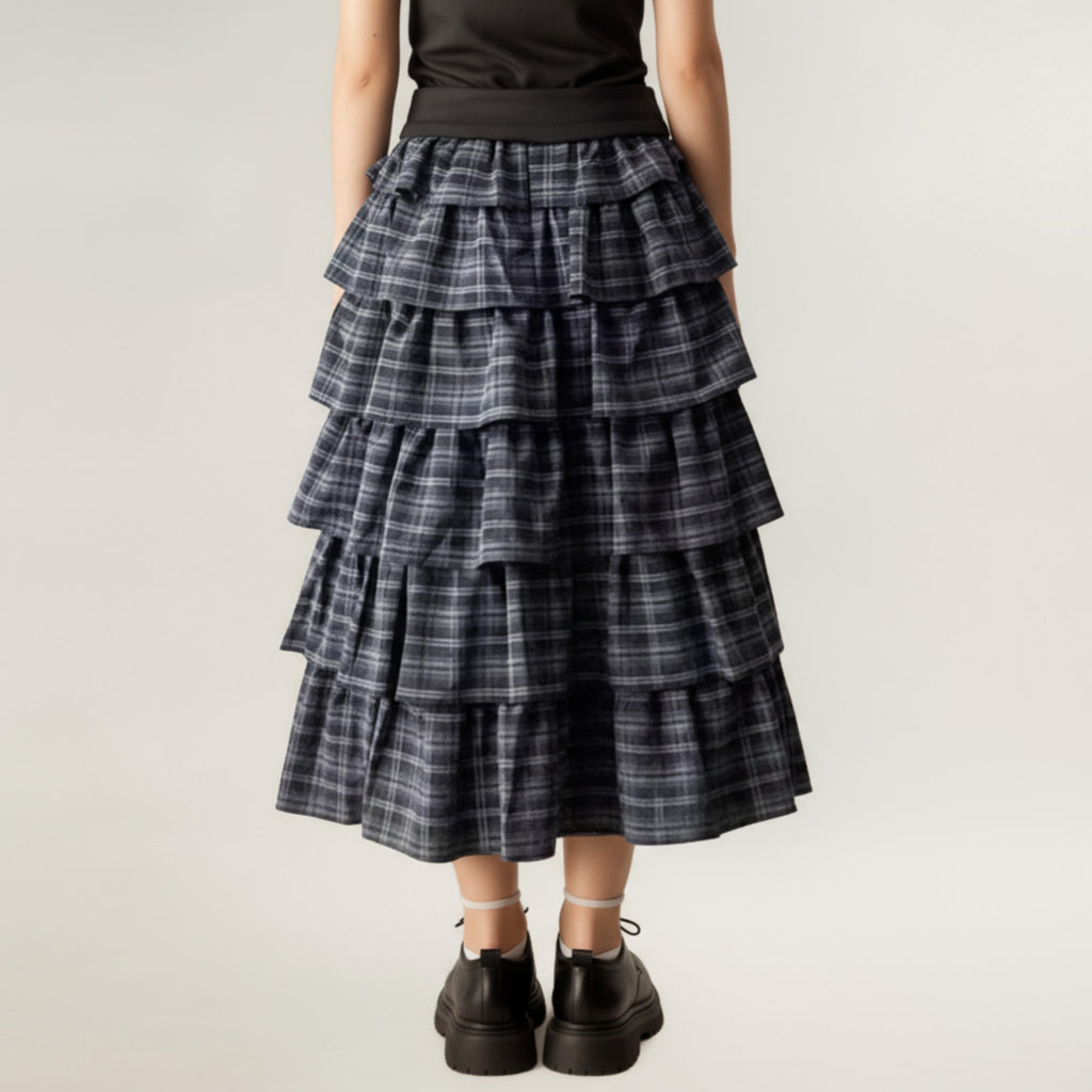 Anna-Kaci Women's Tiered Plaid Maxi Skirt with Ruffle Layers and Elastic Waistband