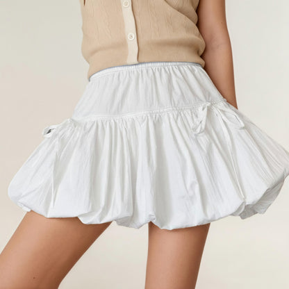 Anna-Kaci Women's Bubble Hem Mini Skirt with Elastic Waist and Bow Details