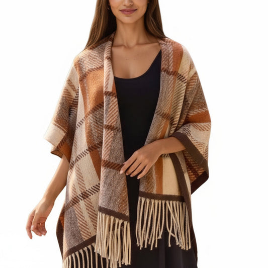 Anna-Kaci Plaid Fringe Shawl Wrap with Soft Woven Texture and Open Front Design 67x45.5 in