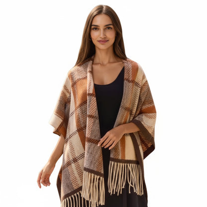 Anna-Kaci Plaid Fringe Shawl Wrap with Soft Woven Texture and Open Front Design 67x45.5 in