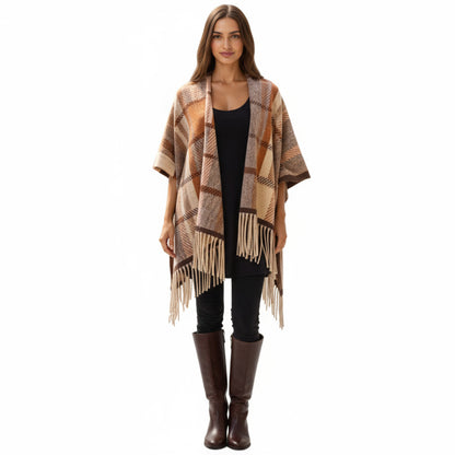 Anna-Kaci Plaid Fringe Shawl Wrap with Soft Woven Texture and Open Front Design 67x45.5 in