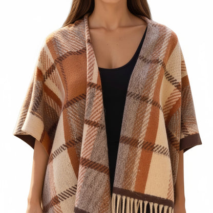 Anna-Kaci Plaid Fringe Shawl Wrap with Soft Woven Texture and Open Front Design 67x45.5 in