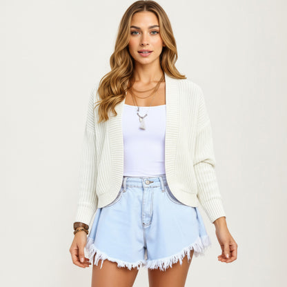 Anna-Kaci Women's Open Front Knit Cardigan with Ribbed Trim and Long Sleeves