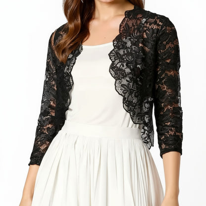 Anna-Kaci Women's Floral Lace Cropped Cardigan with 3/4 Sleeves and Scalloped Trim