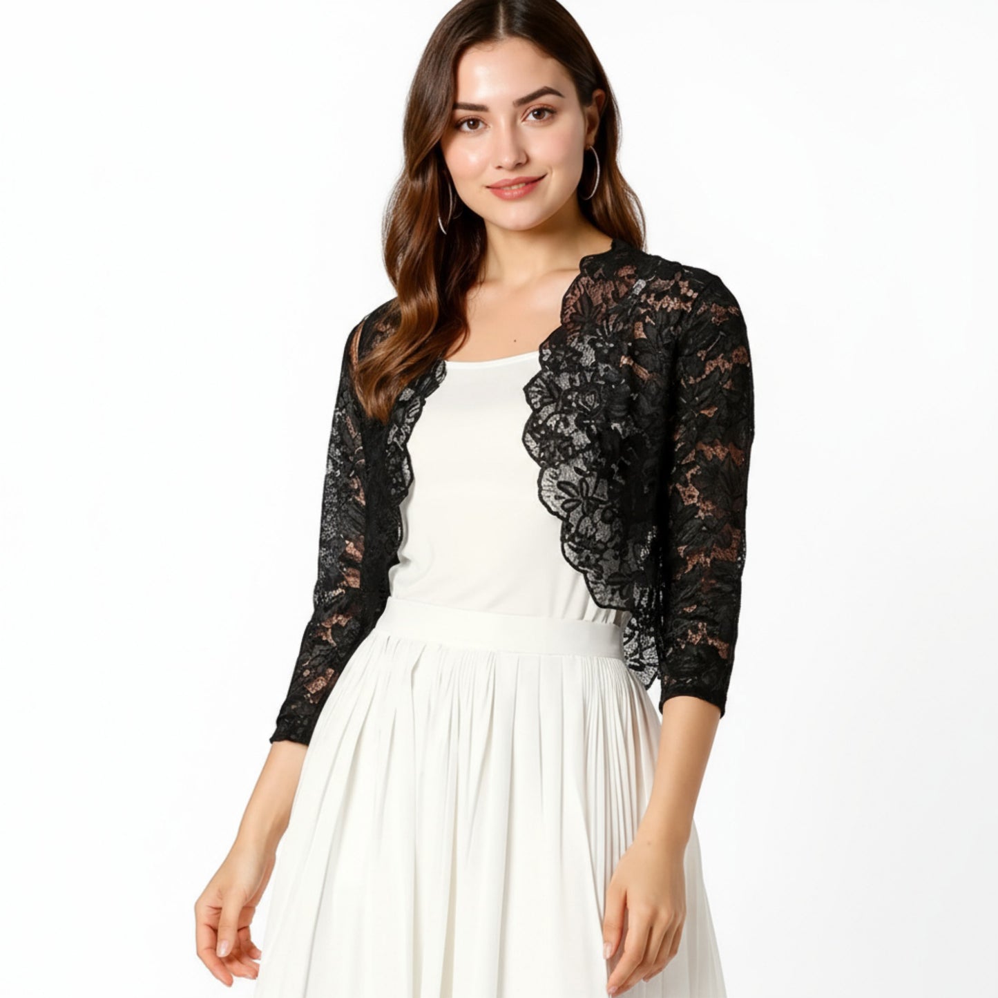 Anna-Kaci Women's Floral Lace Cropped Cardigan with 3/4 Sleeves and Scalloped Trim