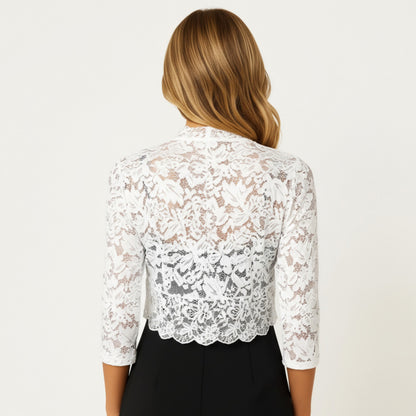 Anna-Kaci Women's Floral Lace Cropped Cardigan with 3/4 Sleeves and Scalloped Trim