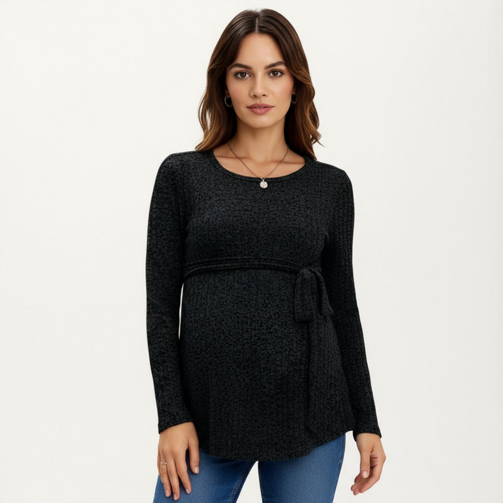 Anna-Kaci Women's Long Sleeve Maternity Top with Textured Knit Fabric and Side Bow Detail