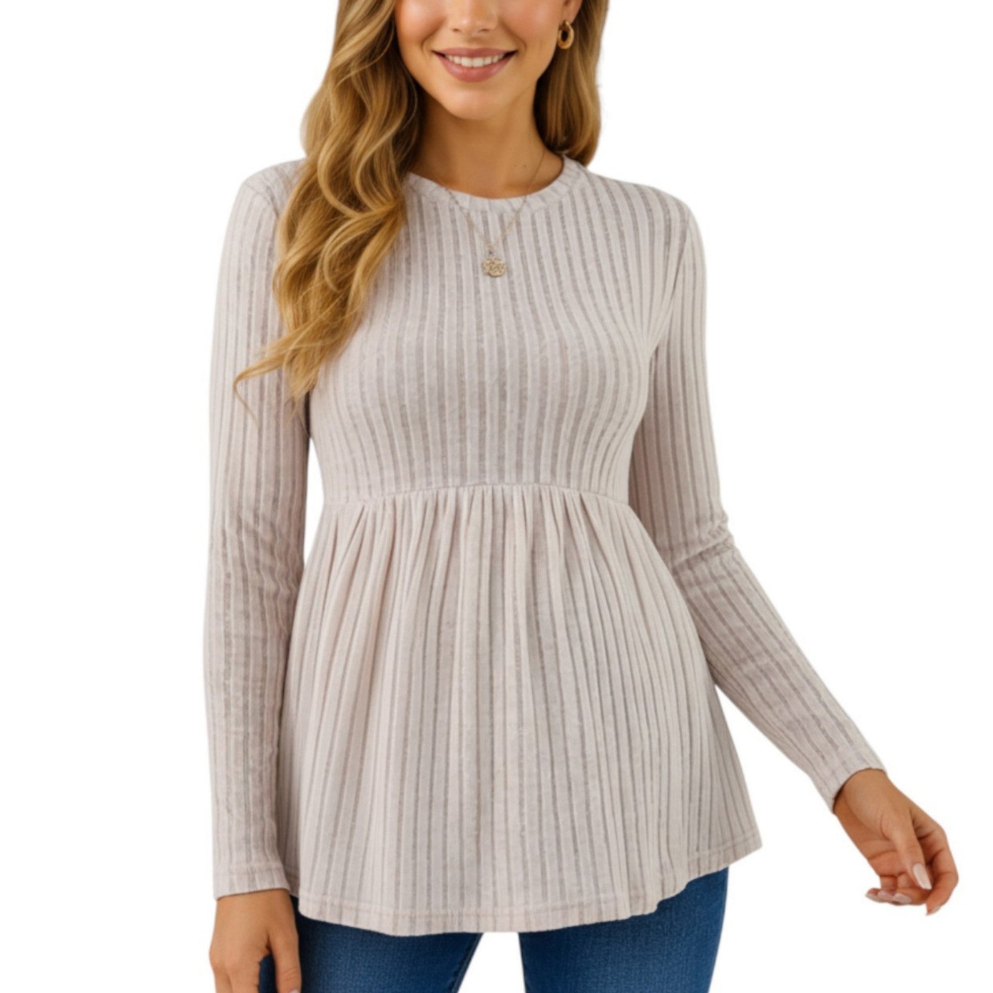 Anna-Kaci Women's Long Sleeve Ribbed Knit Maternity Top with Empire Waist and Pleated Hem