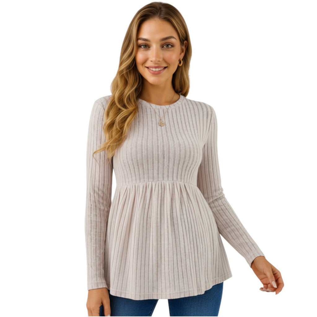 Anna-Kaci Women's Long Sleeve Ribbed Knit Maternity Top with Empire Waist and Pleated Hem