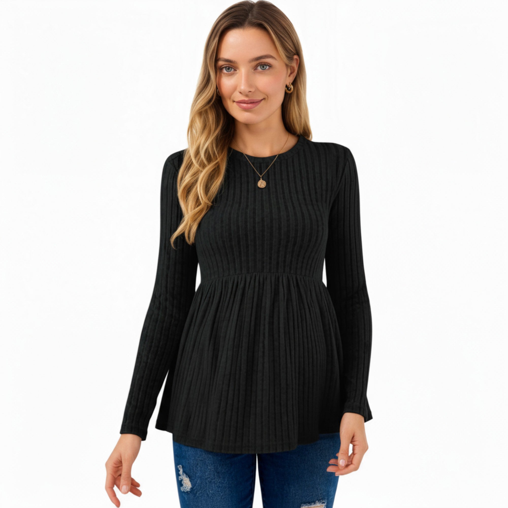 Anna-Kaci Women's Long Sleeve Ribbed Knit Maternity Top with Empire Waist and Pleated Hem