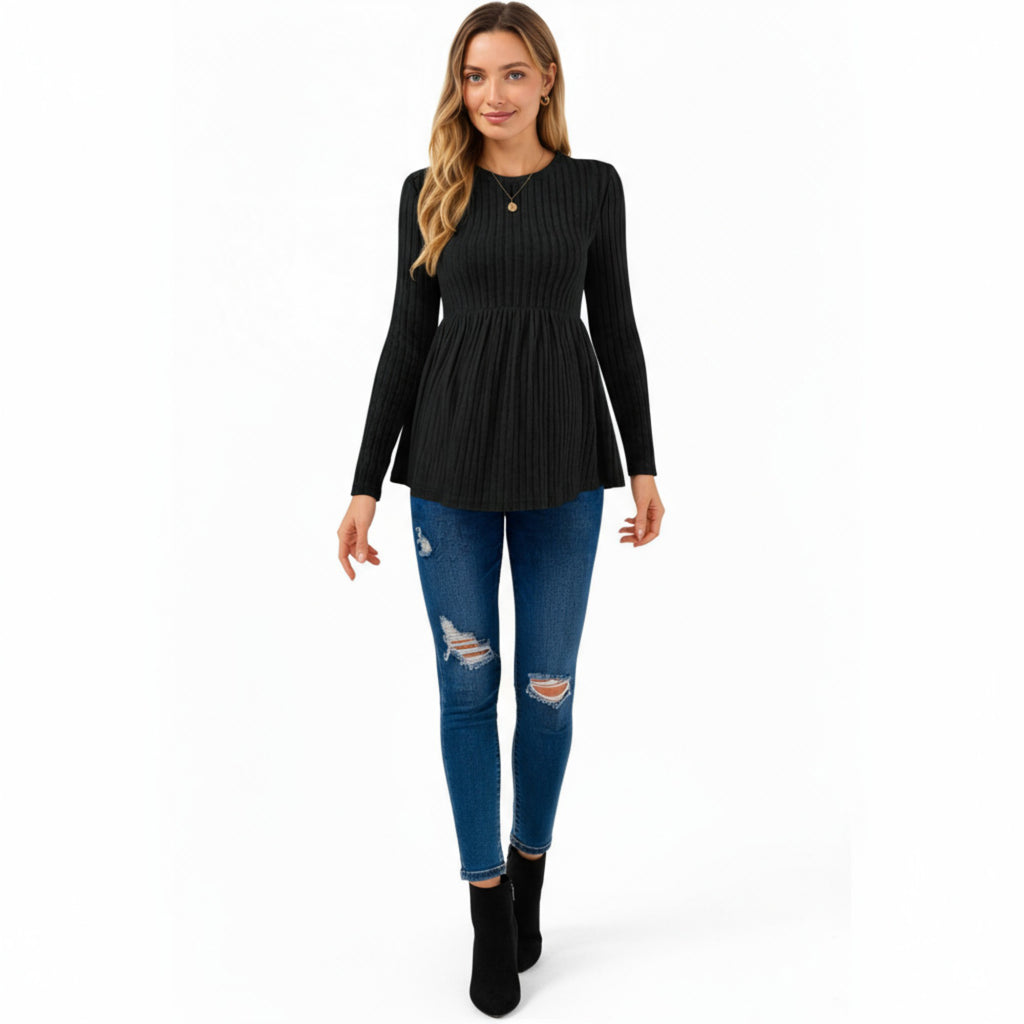 Anna-Kaci Women's Long Sleeve Ribbed Knit Maternity Top with Empire Waist and Pleated Hem