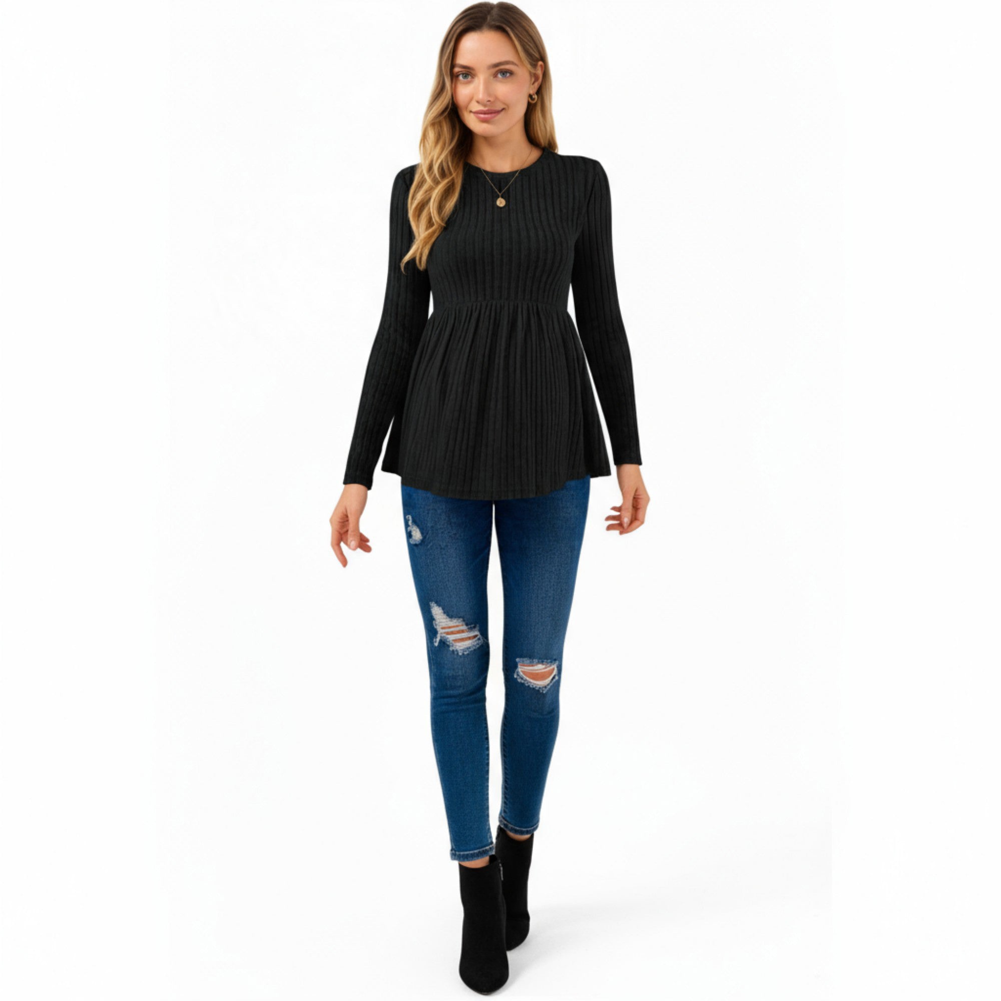Anna-Kaci Women's Long Sleeve Ribbed Knit Maternity Top with Empire Waist and Pleated Hem