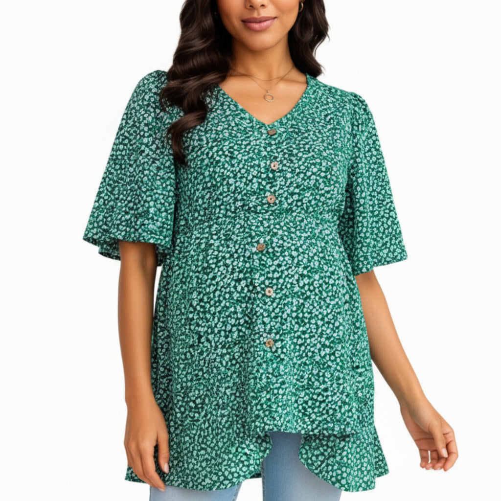 Anna-Kaci Women's Short Sleeve Floral Print Maternity Top with Button Front and Flowy Hem