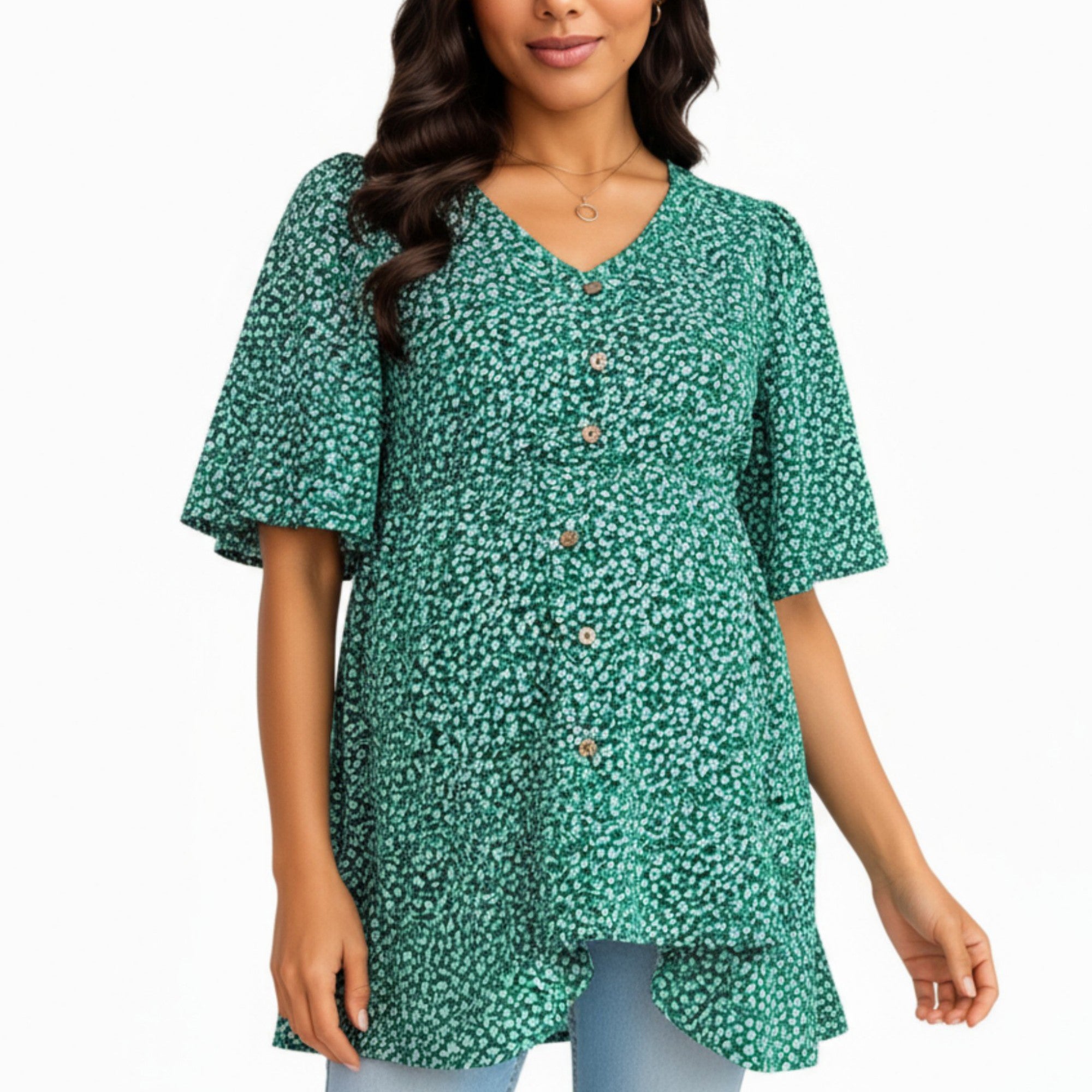 Anna-Kaci Women's Short Sleeve Floral Print Maternity Top with Button Front and Flowy Hem