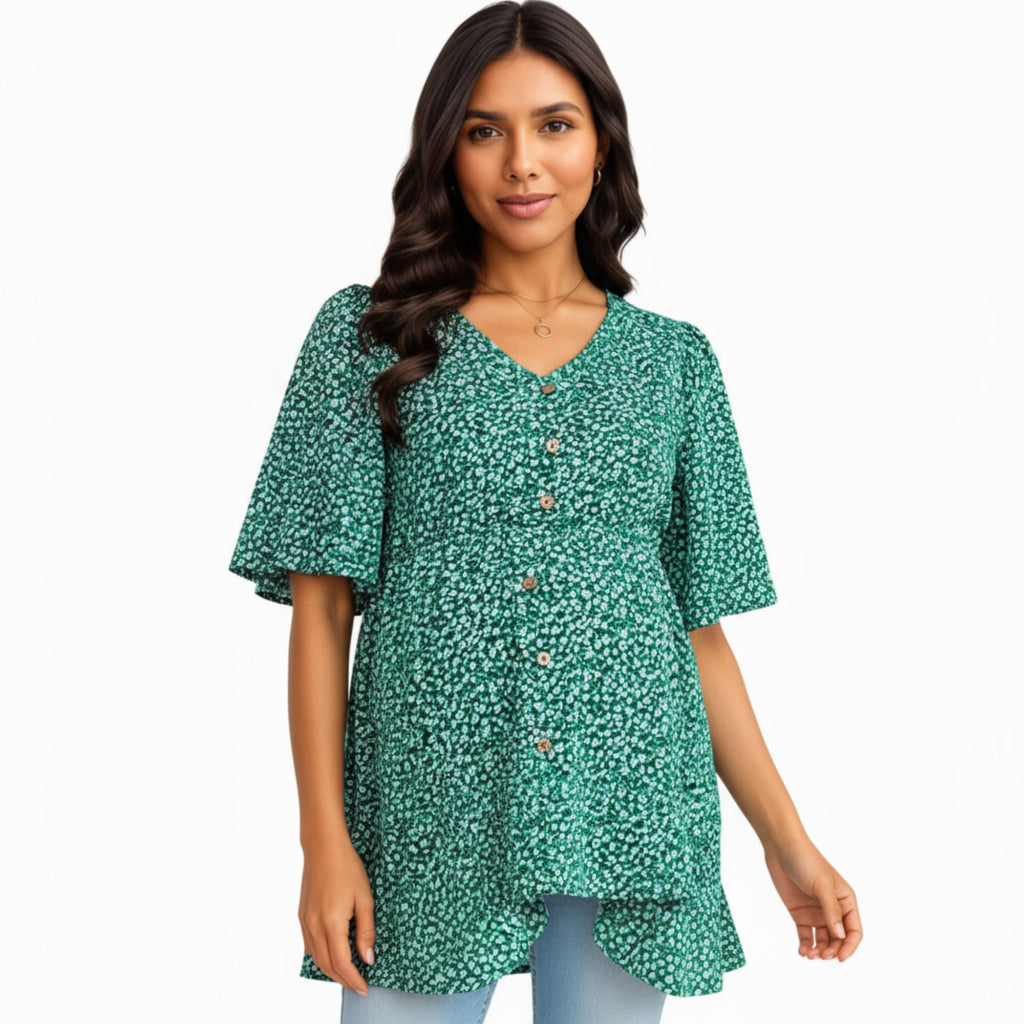 Anna-Kaci Women's Short Sleeve Floral Print Maternity Top with Button Front and Flowy Hem