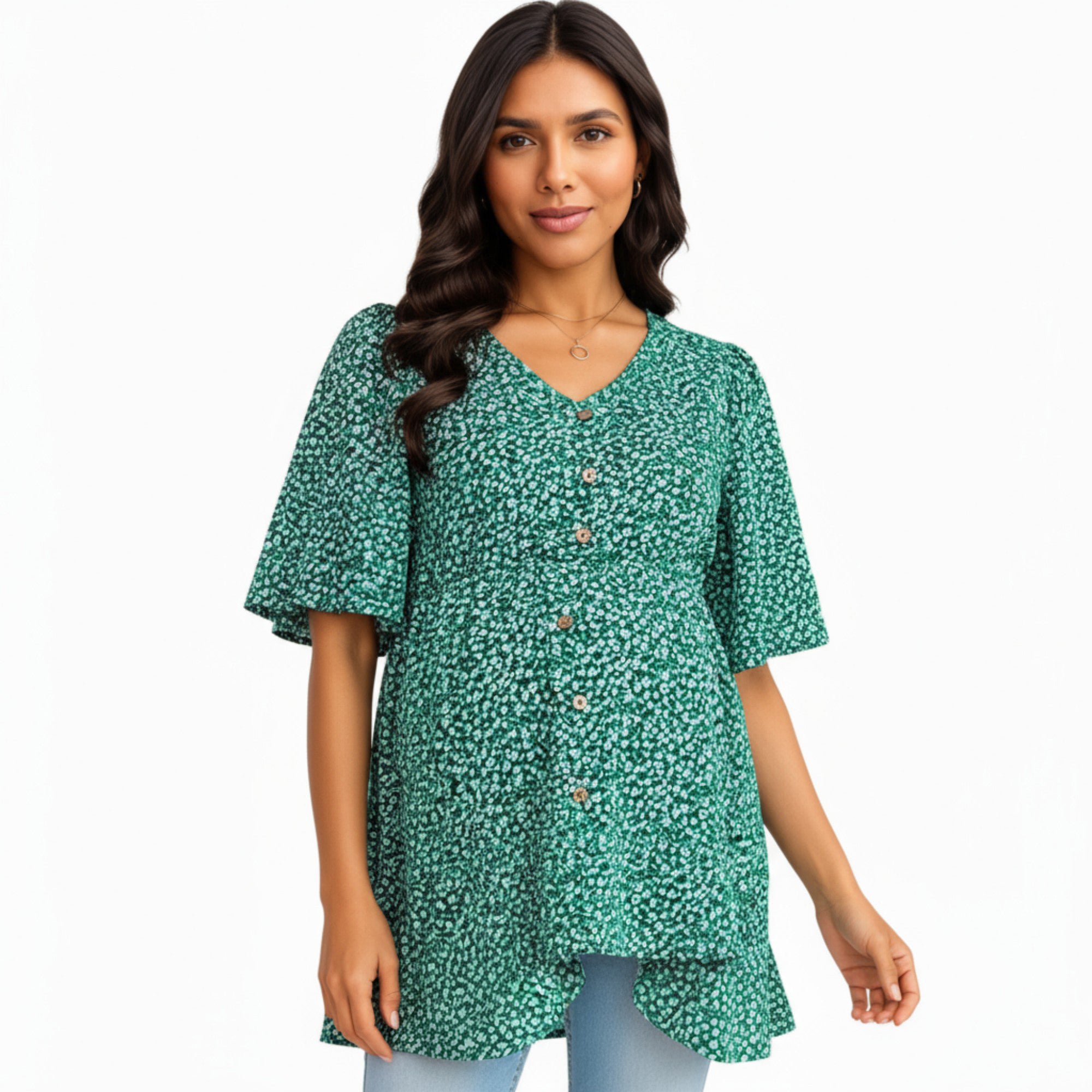 Anna-Kaci Women's Short Sleeve Floral Print Maternity Top with Button Front and Flowy Hem
