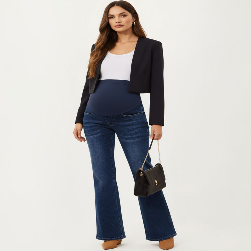 Anna-Kaci Women's Maternity Flare Jeans with Full Over Belly Panel and Classic Denim Wash