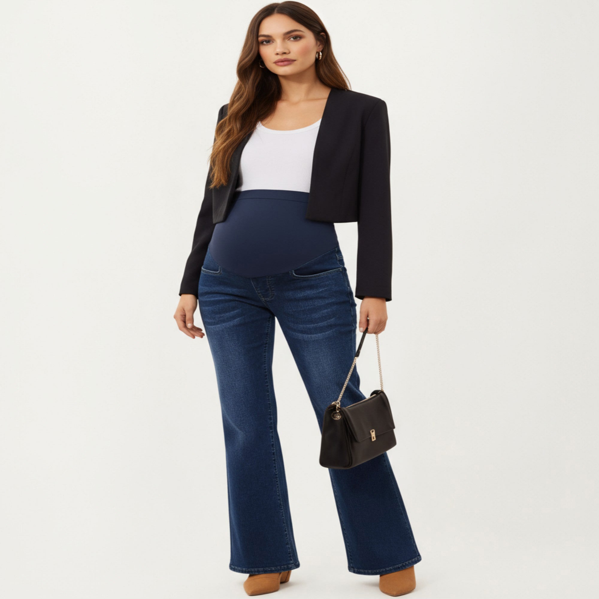 Anna-Kaci Women's Maternity Flare Jeans with Full Over Belly Panel and Classic Denim Wash