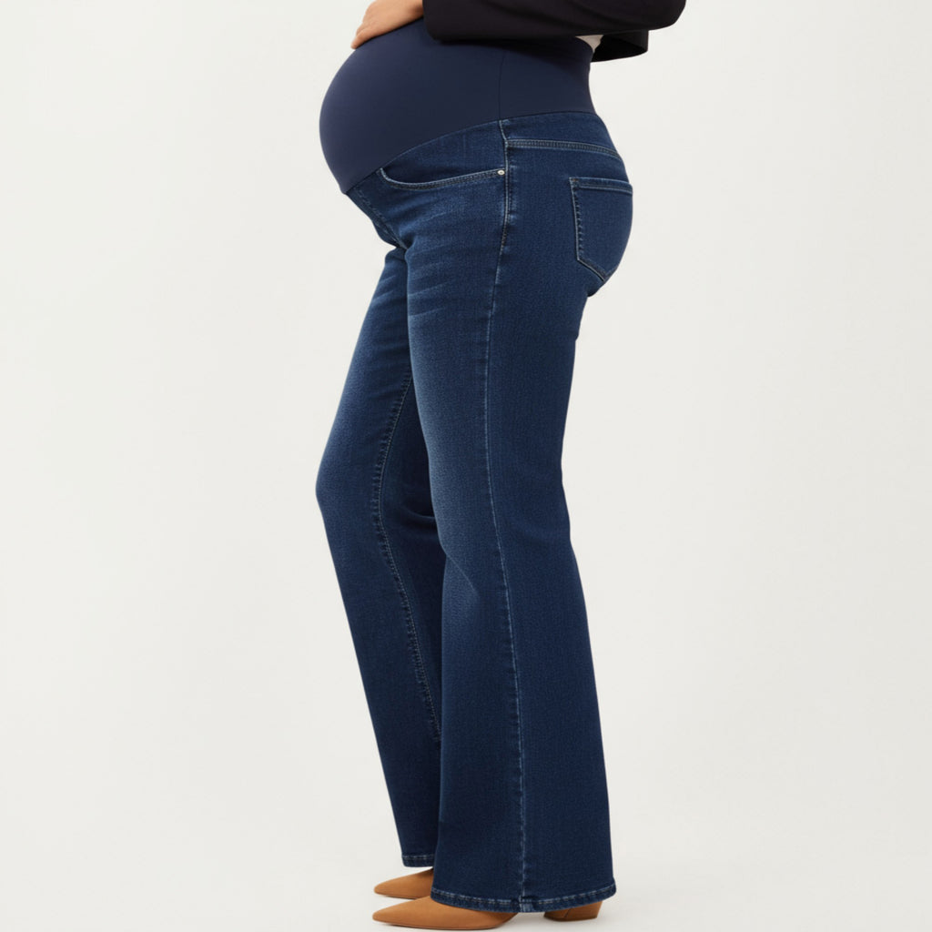 Anna-Kaci Women's Maternity Flare Jeans with Full Over Belly Panel and Classic Denim Wash