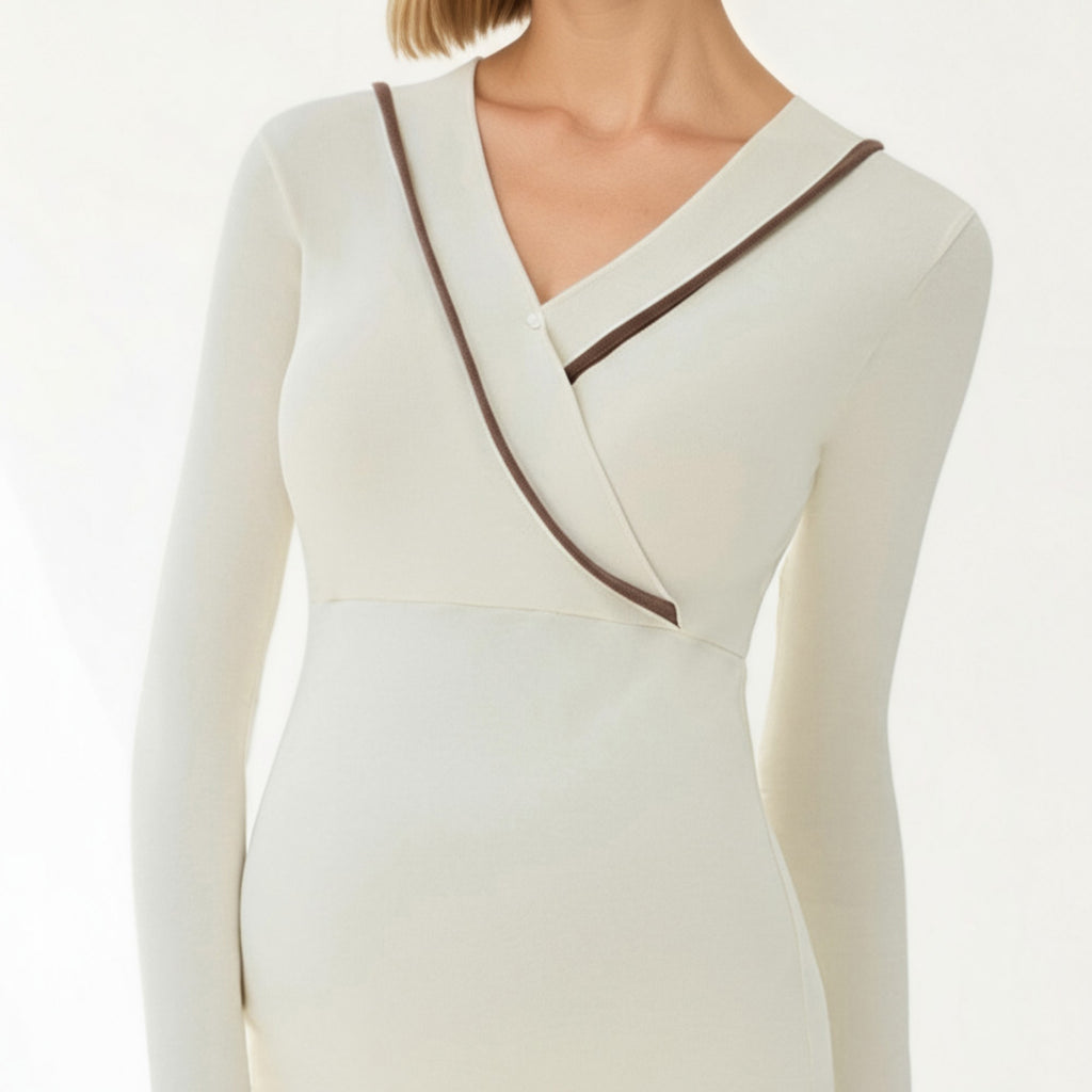 Anna-Kaci Women's Long Sleeve Wrap Front Maternity Top with Contrast Trim and Fitted Silhouette