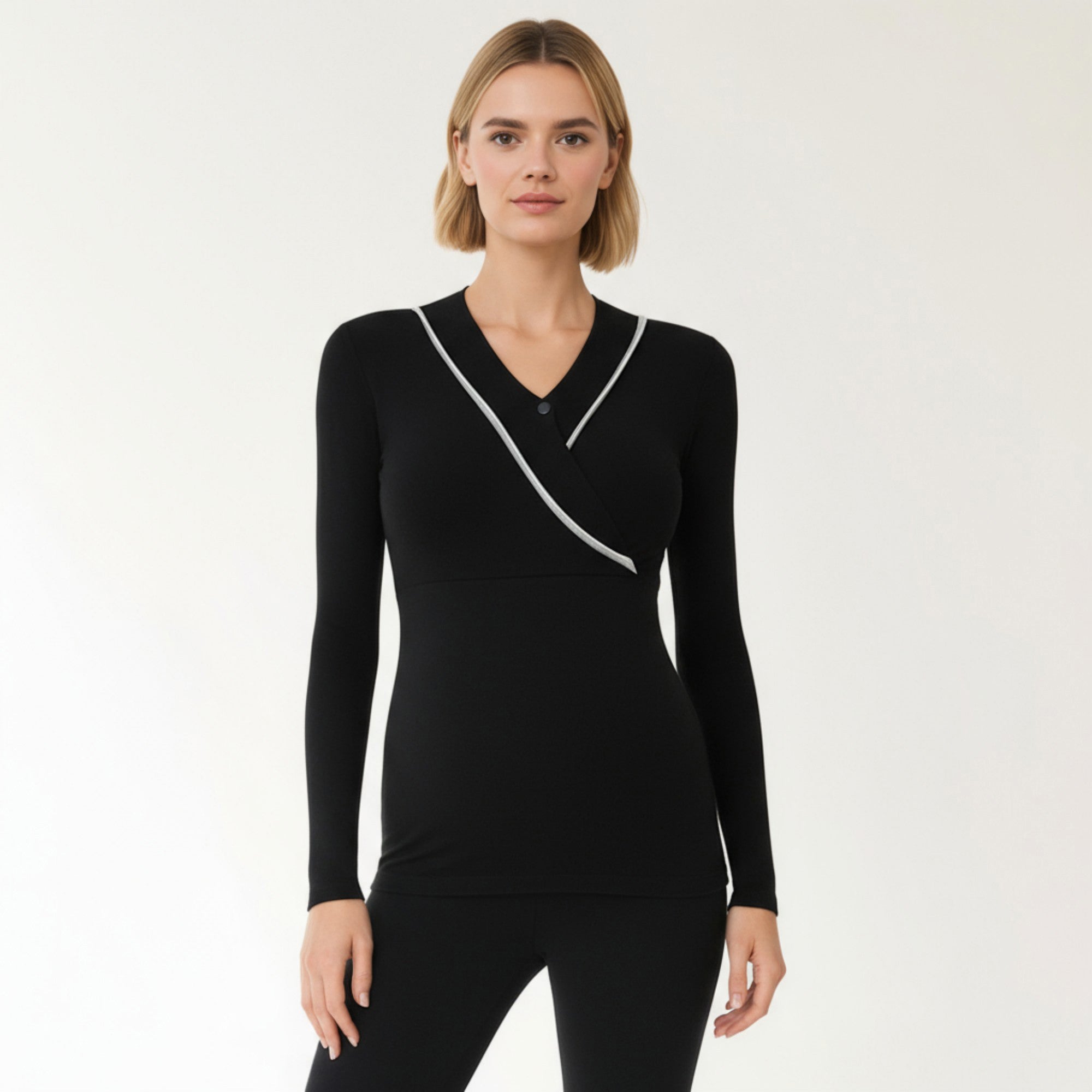 Anna-Kaci Women's Long Sleeve Wrap Front Maternity Top with Contrast Trim and Fitted Silhouette