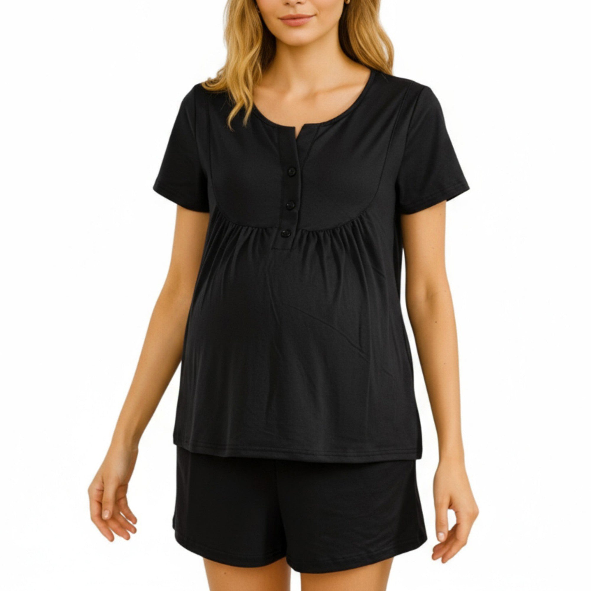 Anna-Kaci Lounge Women's 2-Piece Maternity Pajama Set with Short Sleeve Henley Top and Stretch Shorts