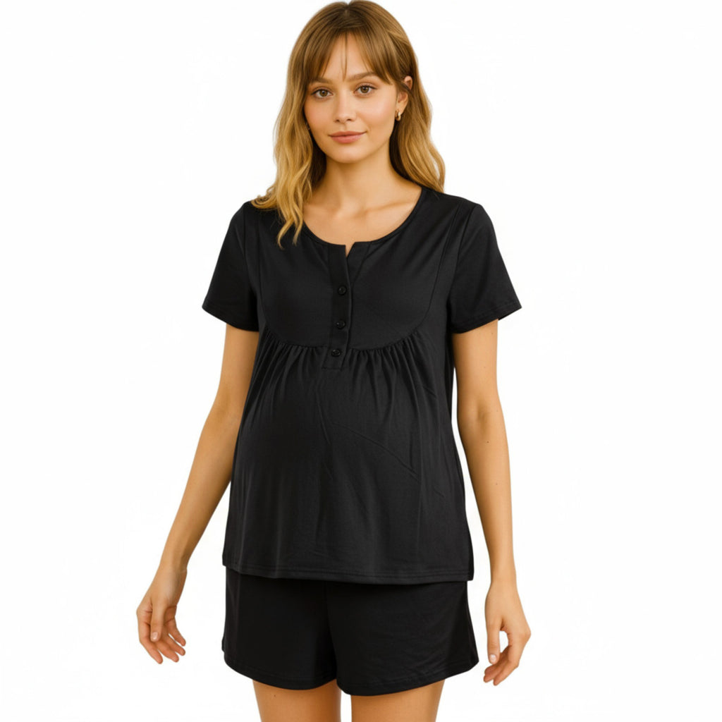 Anna-Kaci Lounge Women's 2-Piece Maternity Pajama Set with Short Sleeve Henley Top and Stretch Shorts