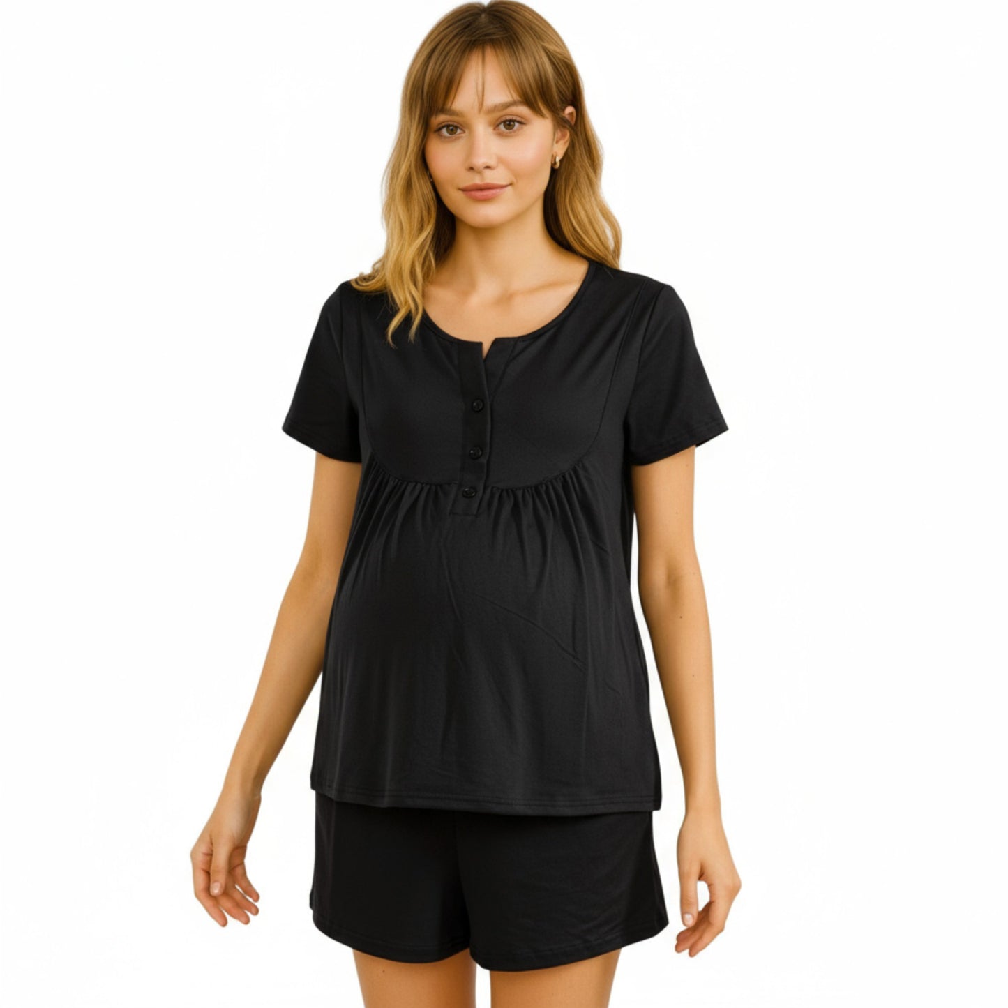 Anna-Kaci Lounge Women's 2-Piece Maternity Pajama Set with Short Sleeve Henley Top and Stretch Shorts