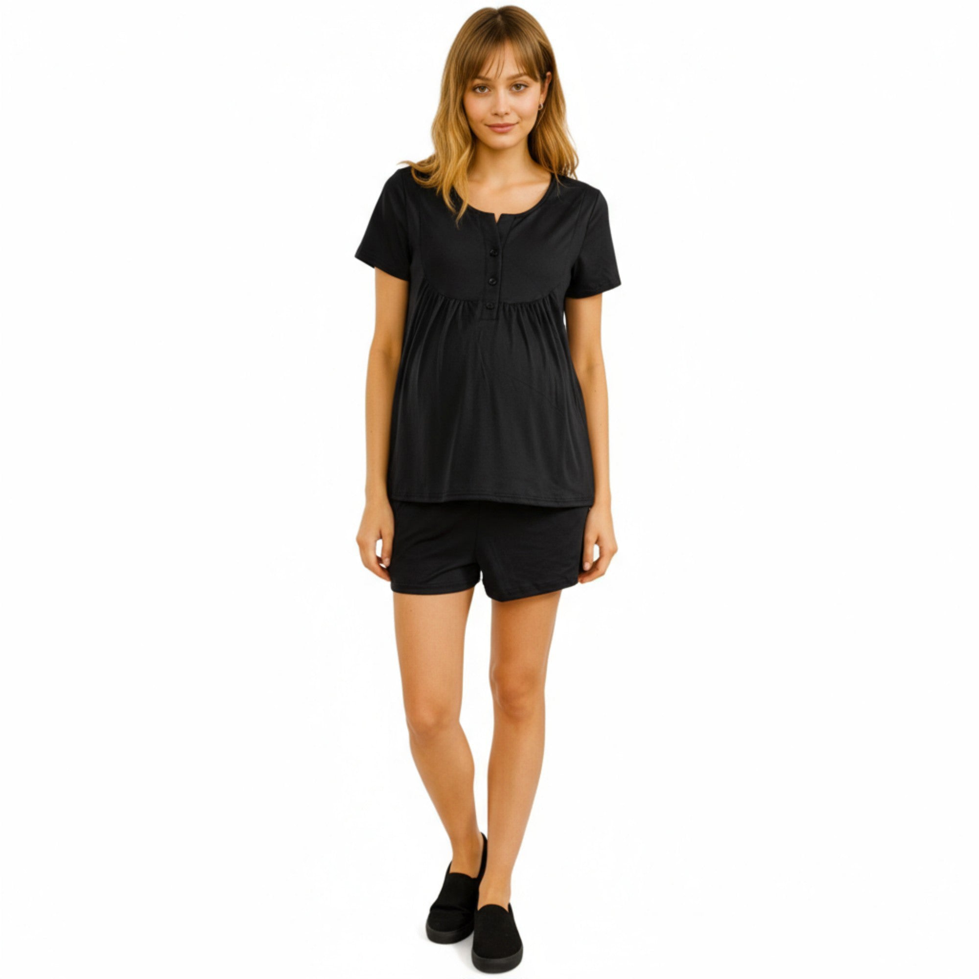 Anna-Kaci Lounge Women's 2-Piece Maternity Pajama Set with Short Sleeve Henley Top and Stretch Shorts