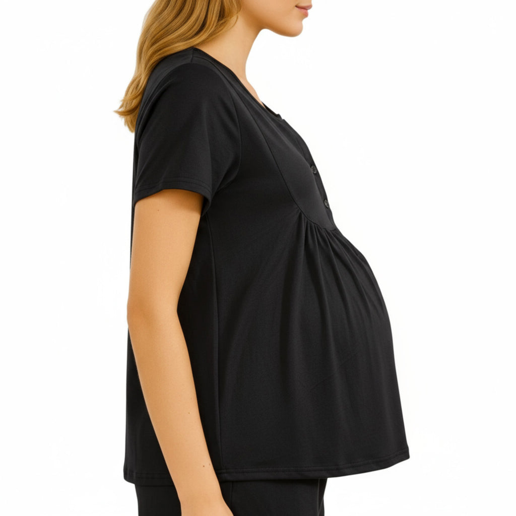Anna-Kaci Lounge Women's 2-Piece Maternity Pajama Set with Short Sleeve Henley Top and Stretch Shorts