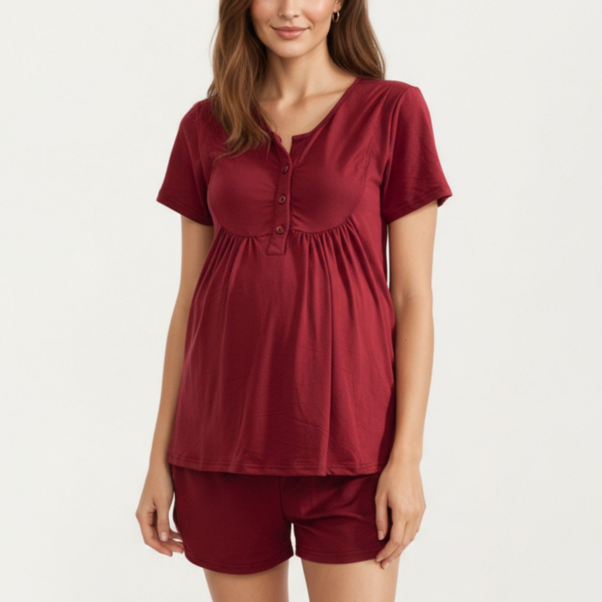 Anna-Kaci Lounge Women's 2-Piece Maternity Pajama Set with Short Sleeve Henley Top and Stretch Shorts