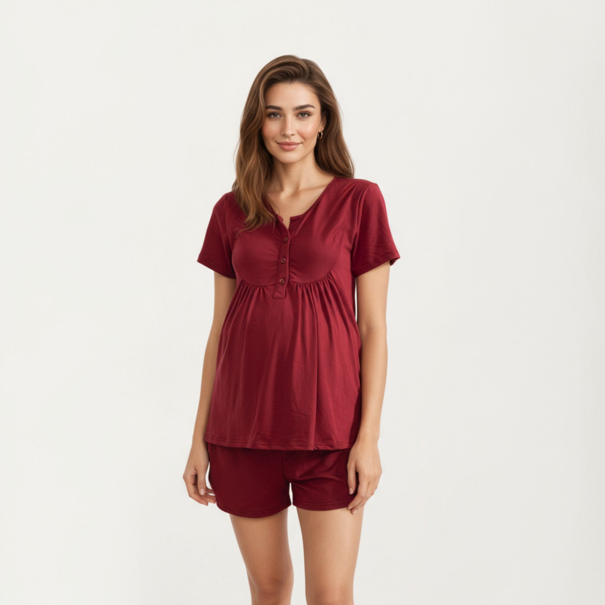 Anna-Kaci Lounge Women's 2-Piece Maternity Pajama Set with Short Sleeve Henley Top and Stretch Shorts