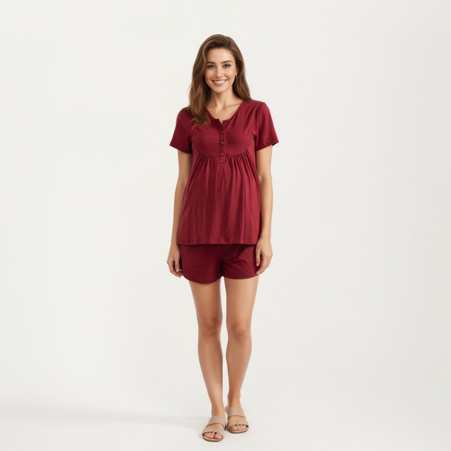 Anna-Kaci Lounge Women's 2-Piece Maternity Pajama Set with Short Sleeve Henley Top and Stretch Shorts