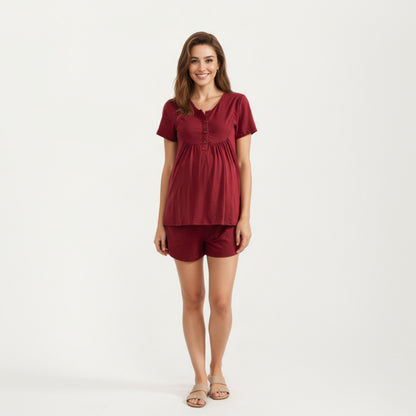 Anna-Kaci Lounge Women's 2-Piece Maternity Pajama Set with Short Sleeve Henley Top and Stretch Shorts