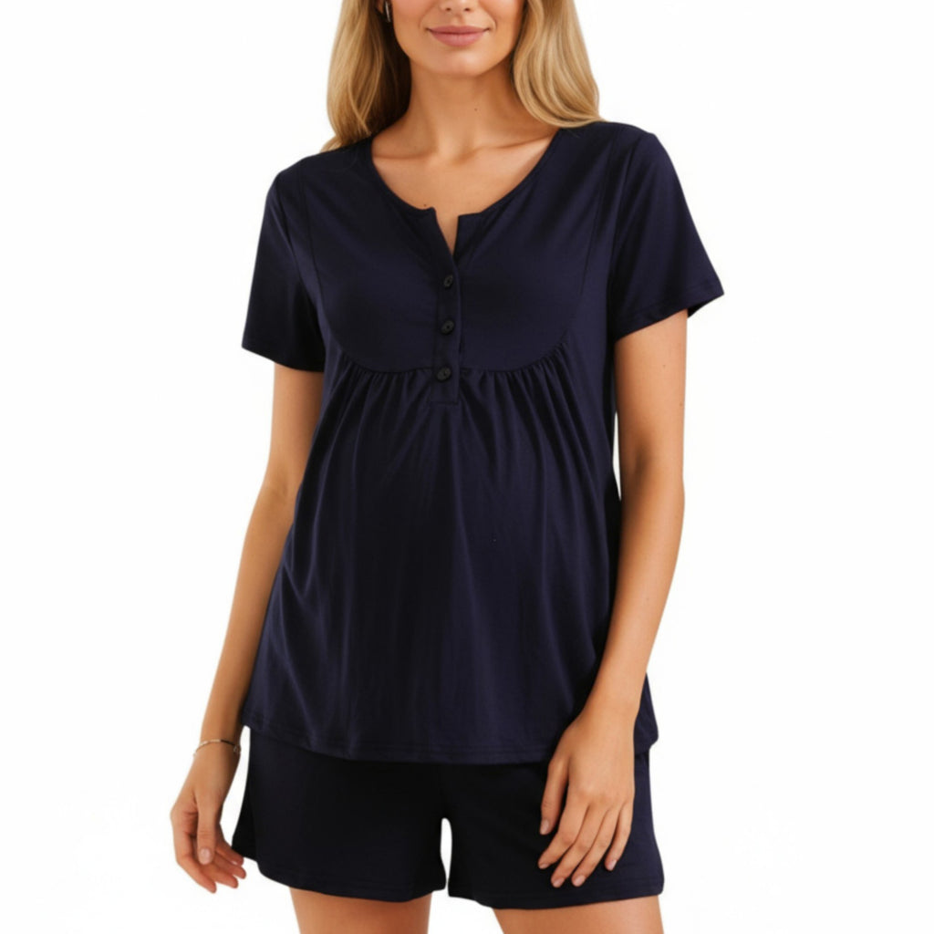 Anna-Kaci Lounge Women's 2-Piece Maternity Pajama Set with Short Sleeve Henley Top and Stretch Shorts