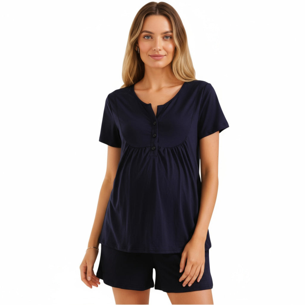 Anna-Kaci Lounge Women's 2-Piece Maternity Pajama Set with Short Sleeve Henley Top and Stretch Shorts