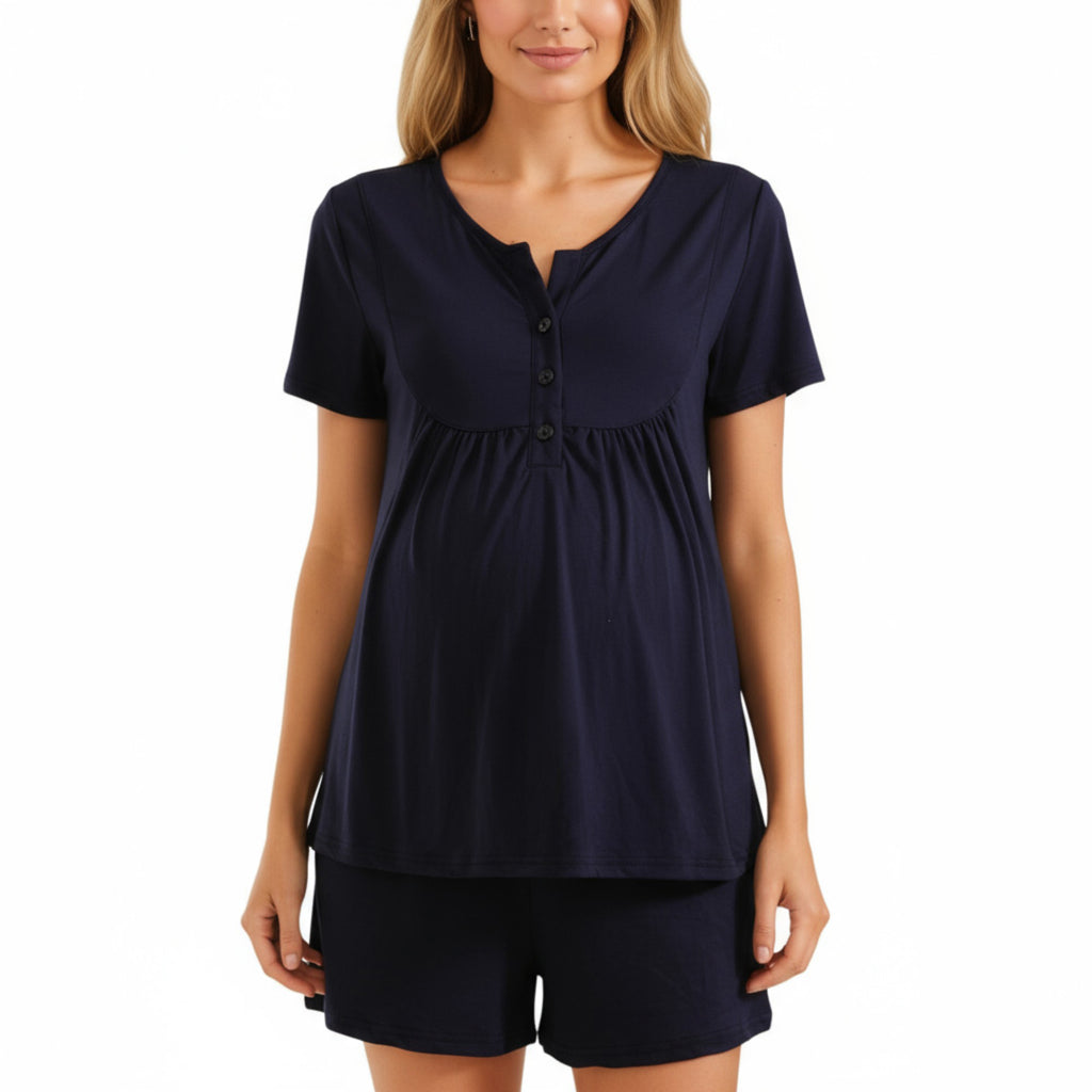 Anna-Kaci Lounge Women's 2-Piece Maternity Pajama Set with Short Sleeve Henley Top and Stretch Shorts