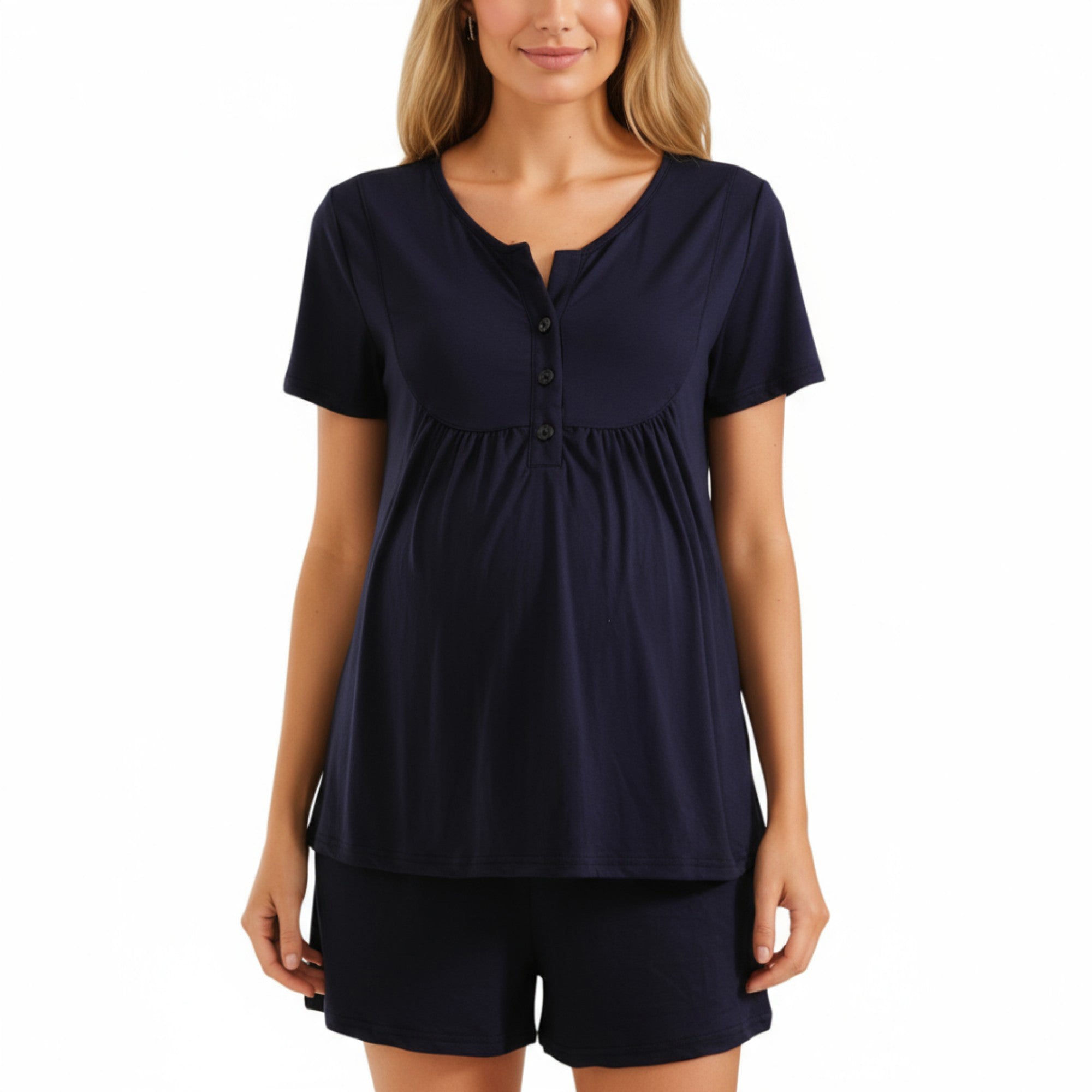 Anna-Kaci Lounge Women's 2-Piece Maternity Pajama Set with Short Sleeve Henley Top and Stretch Shorts