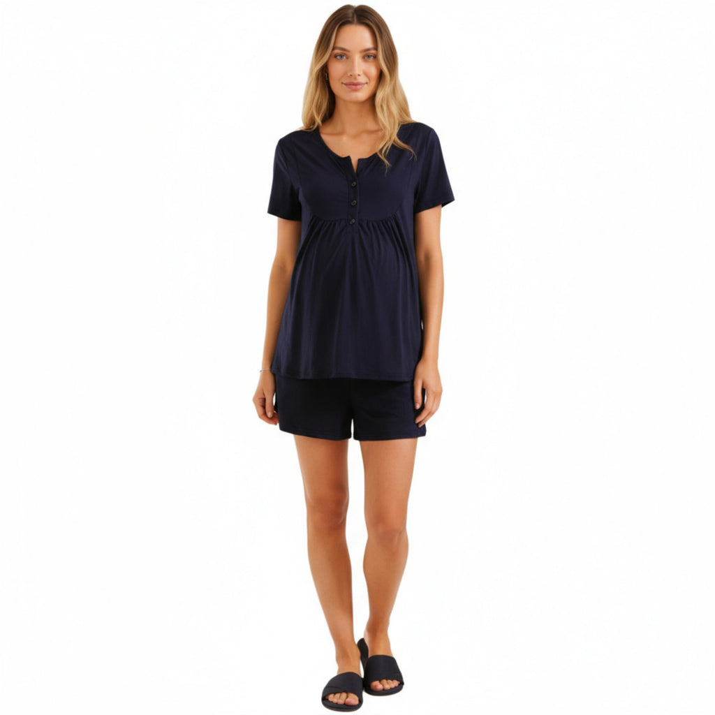Anna-Kaci Lounge Women's 2-Piece Maternity Pajama Set with Short Sleeve Henley Top and Stretch Shorts