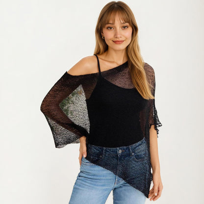 Anna-Kaci Women's Sheer Knit Asymmetrical Poncho Top with One Shoulder Design and Lightweight Texture