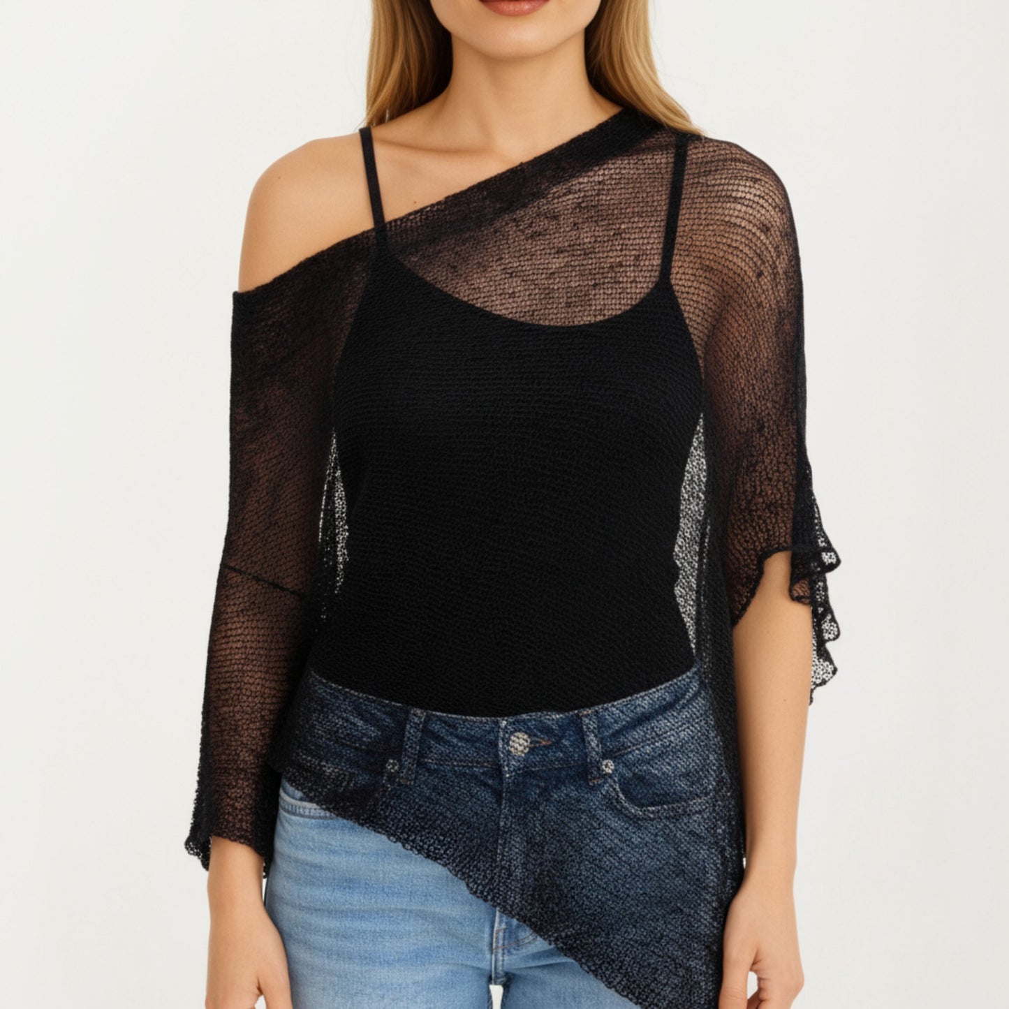 Anna-Kaci Women's Sheer Knit Asymmetrical Poncho Top with One Shoulder Design and Lightweight Texture