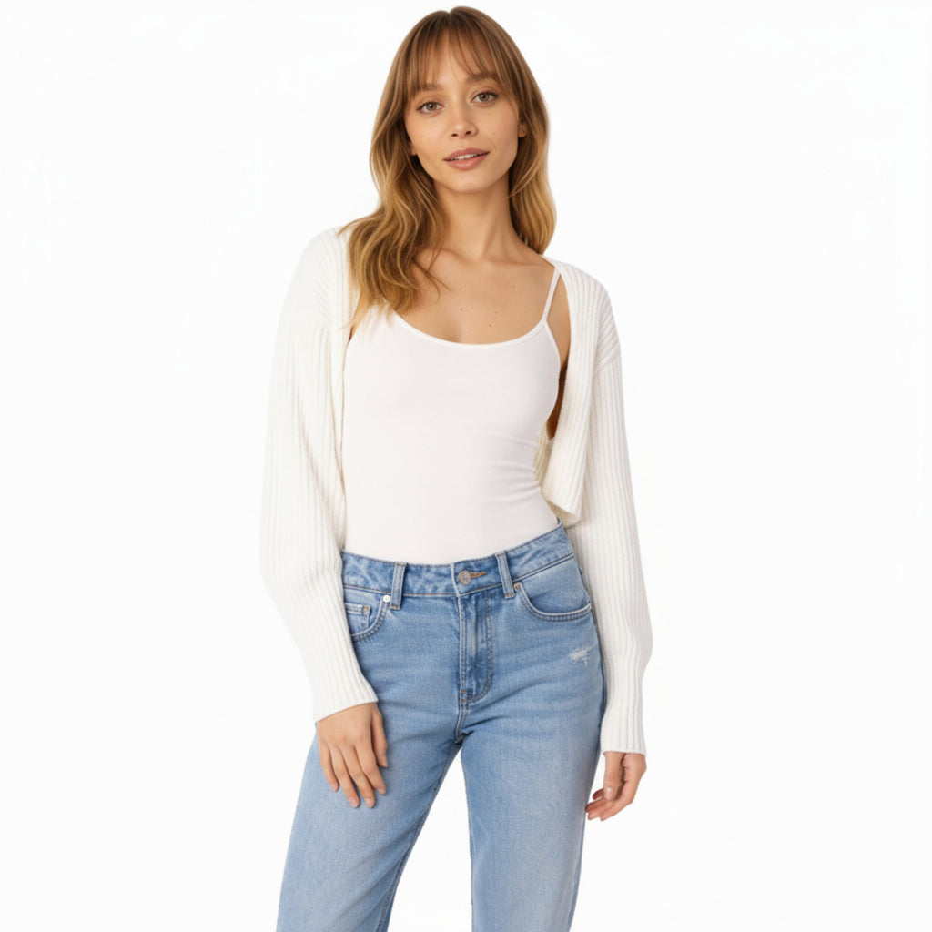 Anna-Kaci Women's Ribbed Knit Shrug Cardigan with Long Balloon Sleeves and Open Front Design