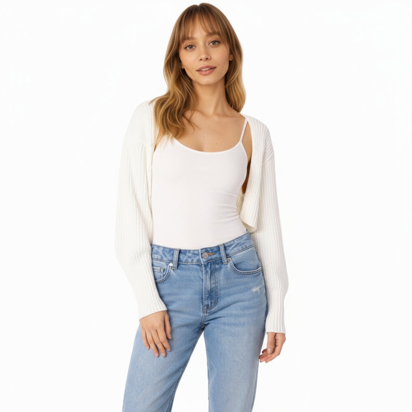 Anna-Kaci Women's Ribbed Knit Shrug Cardigan with Long Balloon Sleeves and Open Front Design