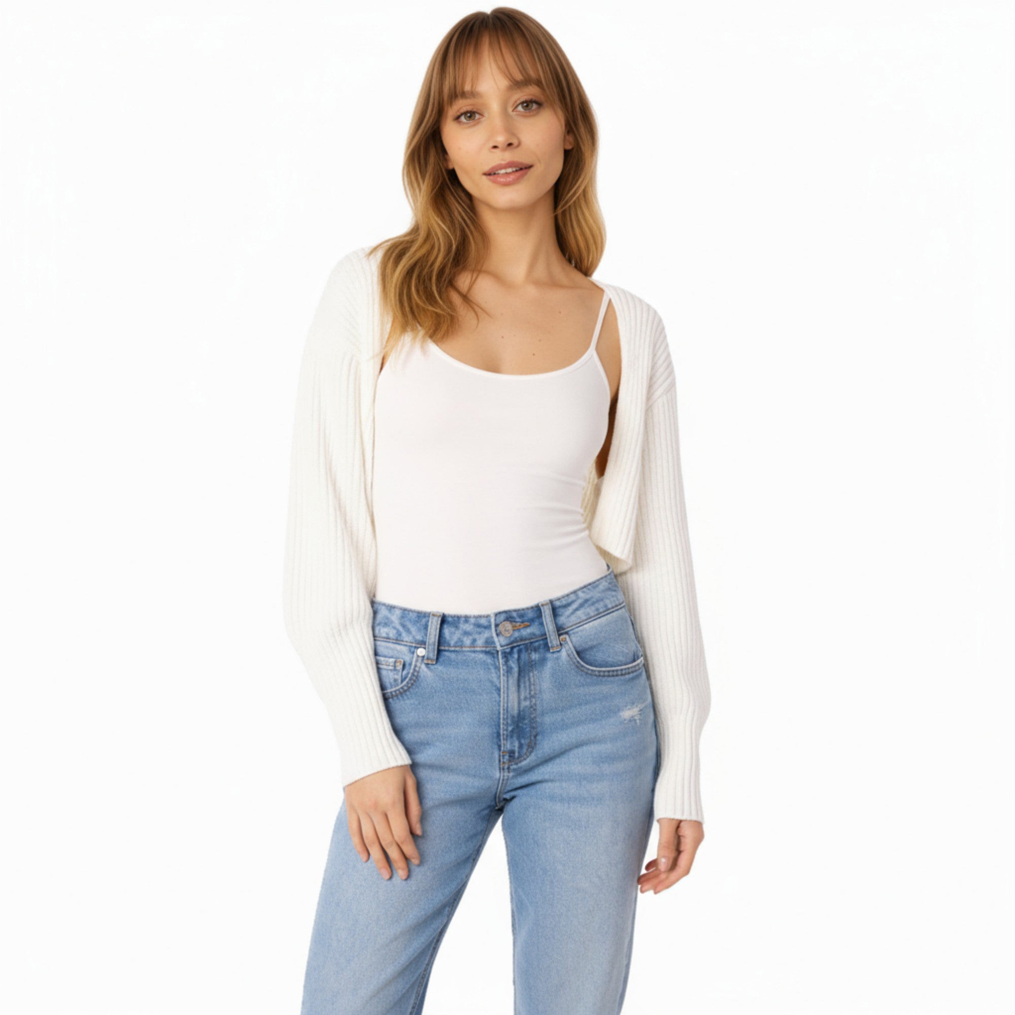 Anna-Kaci Women's Ribbed Knit Shrug Cardigan with Long Balloon Sleeves and Open Front Design