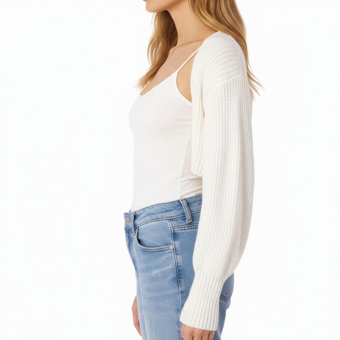 Anna-Kaci Women's Ribbed Knit Shrug Cardigan with Long Balloon Sleeves and Open Front Design